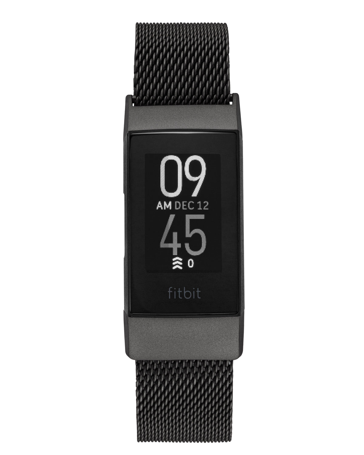 Front straight-on view of a black electroplated stainless steel Mesh Band attached to a Fitbit Charge tracker display. The band features a finely woven metallic mesh texture connected to the top and bottom of the device casing. Compatible with Fitbit Charge models, this replacement band offers a sleek, sophisticated look for everyday wear.