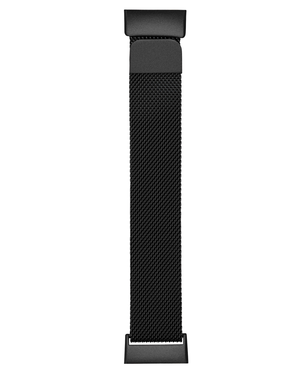A black Mesh Band for Fitbit Charge laid out flat vertically against a white background, highlighting its finely woven electroplated stainless steel mesh texture. The band features custom matte black end connectors compatible with Fitbit Charge 2, 3, and 4 models, with the adjustable magnetic closure folded neatly near the top connector.