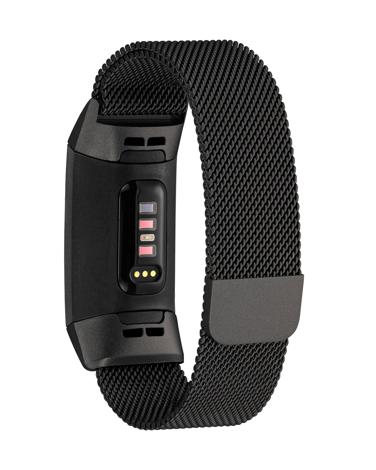 A black electroplated stainless steel Mesh Band for Fitbit Charge shown attached to a Fitbit tracker from a back three-quarter angle. The band features a fine woven metallic mesh loop secured with a smooth, rectangular magnetic closure tab. The underside of the black Fitbit device is visible, highlighting the secure band connection points and sensor array.